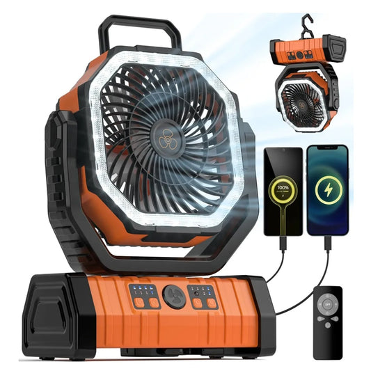 Camping Fan – 20,000 mAh Rechargeable Battery-Powered Fan with LED Lantern – Portable Outdoor Tent Fan with Hanging Hook, 4 Speeds