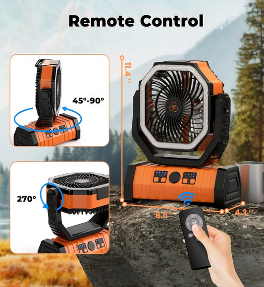 Camping Fan – 20,000 mAh Rechargeable Battery-Powered Fan with LED Lantern – Portable Outdoor Tent Fan with Hanging Hook, 4 Speeds