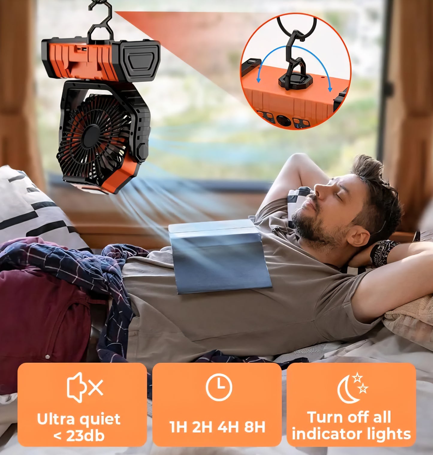 Camping Fan – 20,000 mAh Rechargeable Battery-Powered Fan with LED Lantern – Portable Outdoor Tent Fan with Hanging Hook, 4 Speeds