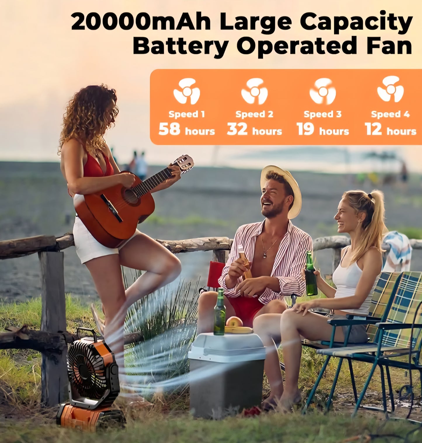 Camping Fan – 20,000 mAh Rechargeable Battery-Powered Fan with LED Lantern – Portable Outdoor Tent Fan with Hanging Hook, 4 Speeds