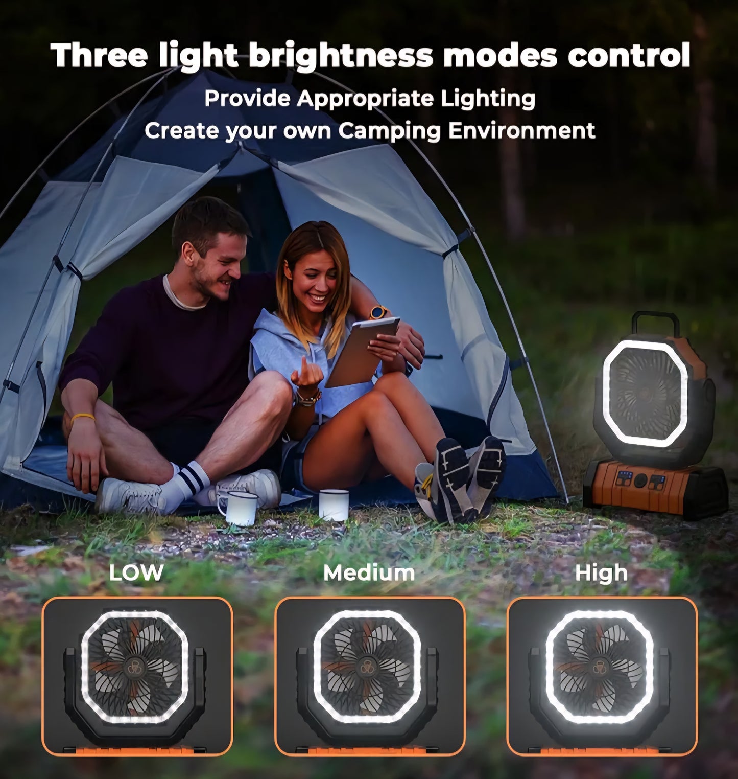 Camping Fan – 20,000 mAh Rechargeable Battery-Powered Fan with LED Lantern – Portable Outdoor Tent Fan with Hanging Hook, 4 Speeds